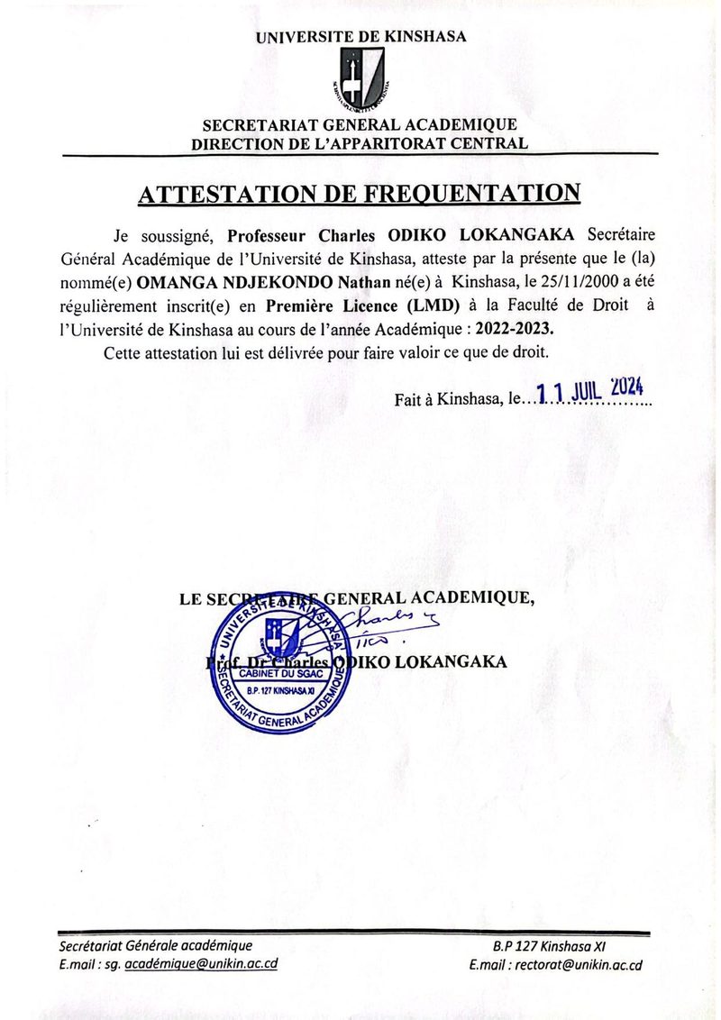 Attestation de Fréquentation — Law Degree, University of Kinshasa