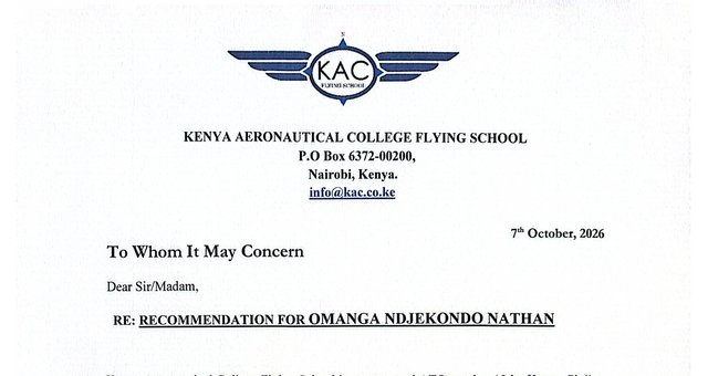Recommendation letter — Kenya Aeronautical College Flying School, Flight Operations Officers course