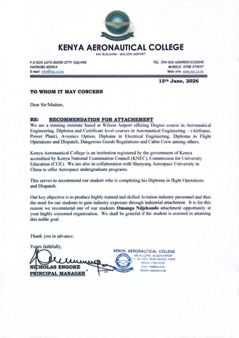 Recommendation letter — Diploma in Flight Operations / Dispatch